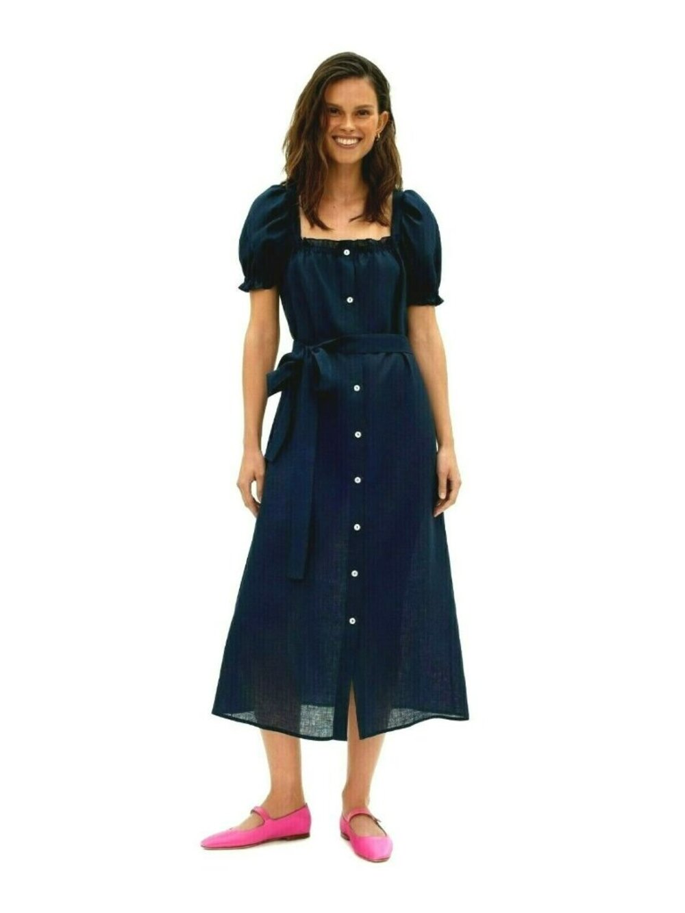 Sleeper Womens Brigitte Linen Midi Dress With Belt XS Blue